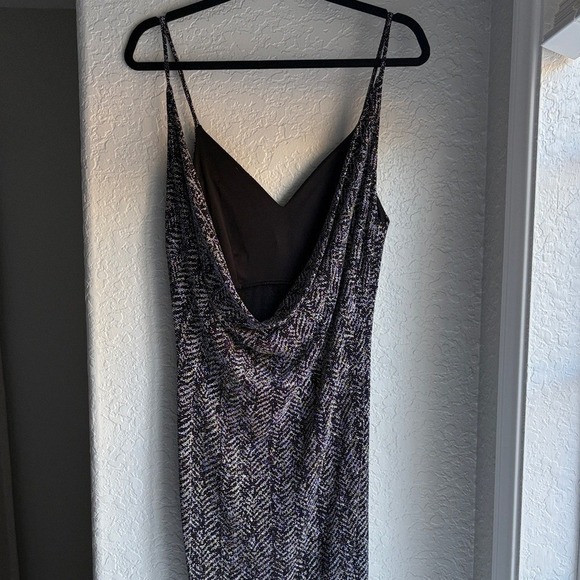 Vintage Windsor Black and Silver Stretchy Patterned Knit Open Back Drape Dress L - Picture 5 of 16